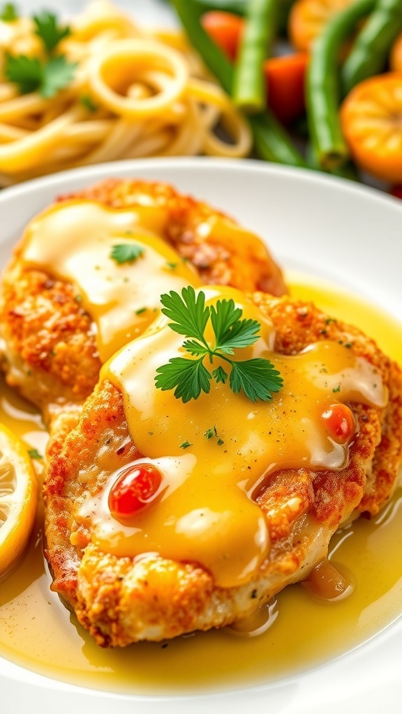 Plated Chicken Francaise with lemon sauce and parsley garnish, served with pasta and vegetables.